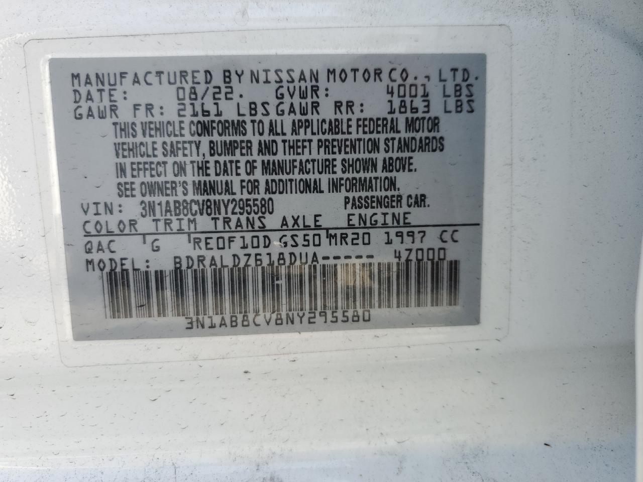 2022 NISSAN SENTRA SV VIN:3N1AB8CV8NY295580