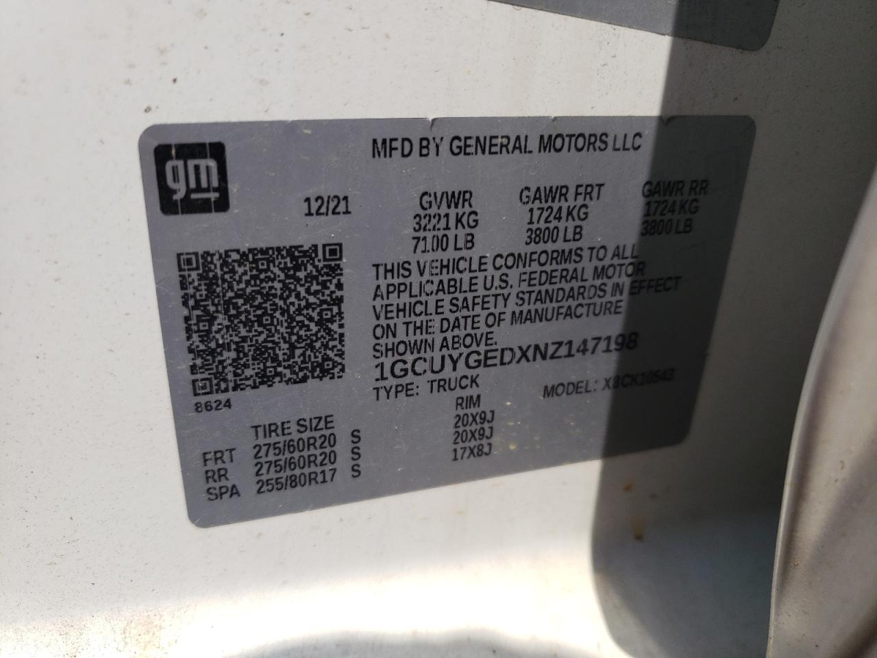 2022 CHEVROLET SILVERADO LTD K1500 LTZ VIN:1GCUYGEDXNZ147198