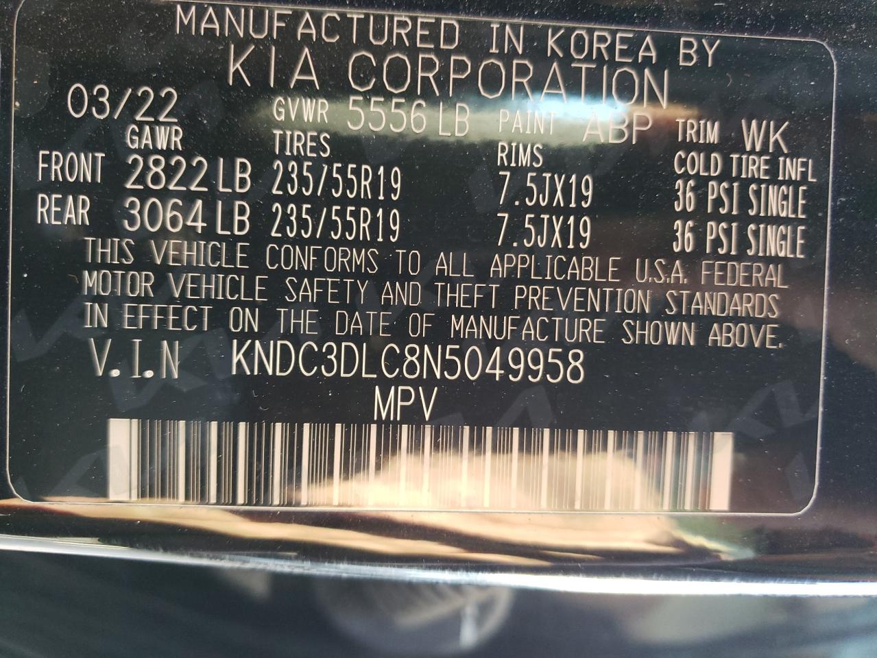 2022 KIA EV6 LIGHT VIN:KNDC3DLC8N5049958