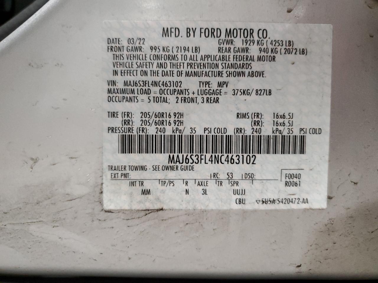 2022 FORD ECOSPORT S VIN:MAJ6S3FL4NC463102