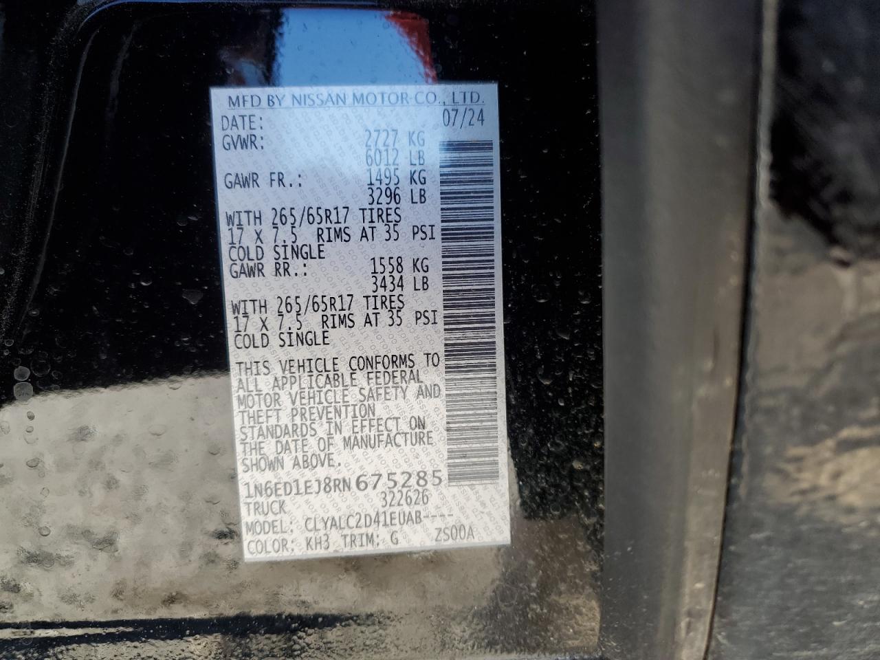 2024 NISSAN FRONTIER S VIN:1N6ED1EJ8RN675285