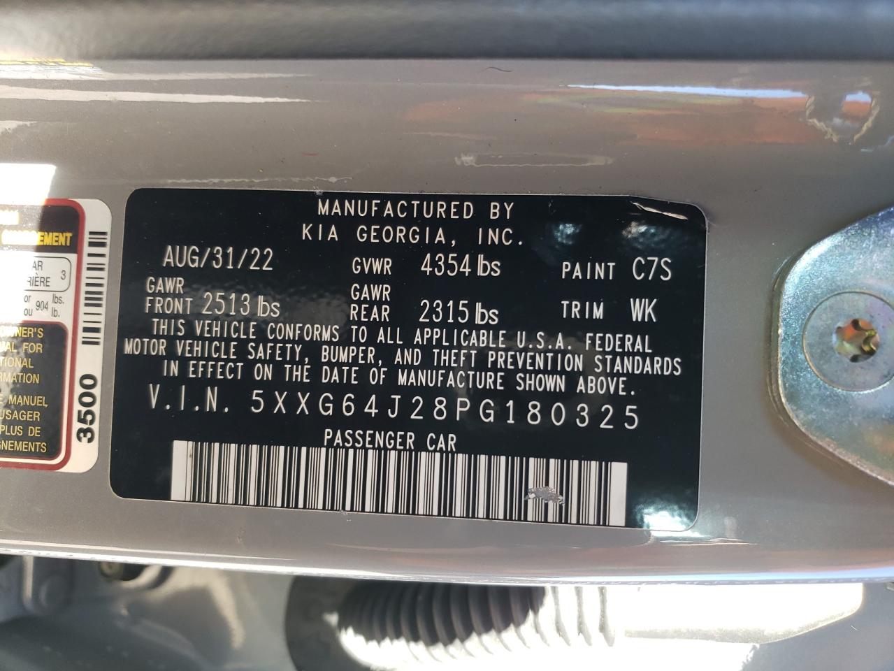 2023 KIA K5 GT LINE VIN:5XXG64J28PG180325