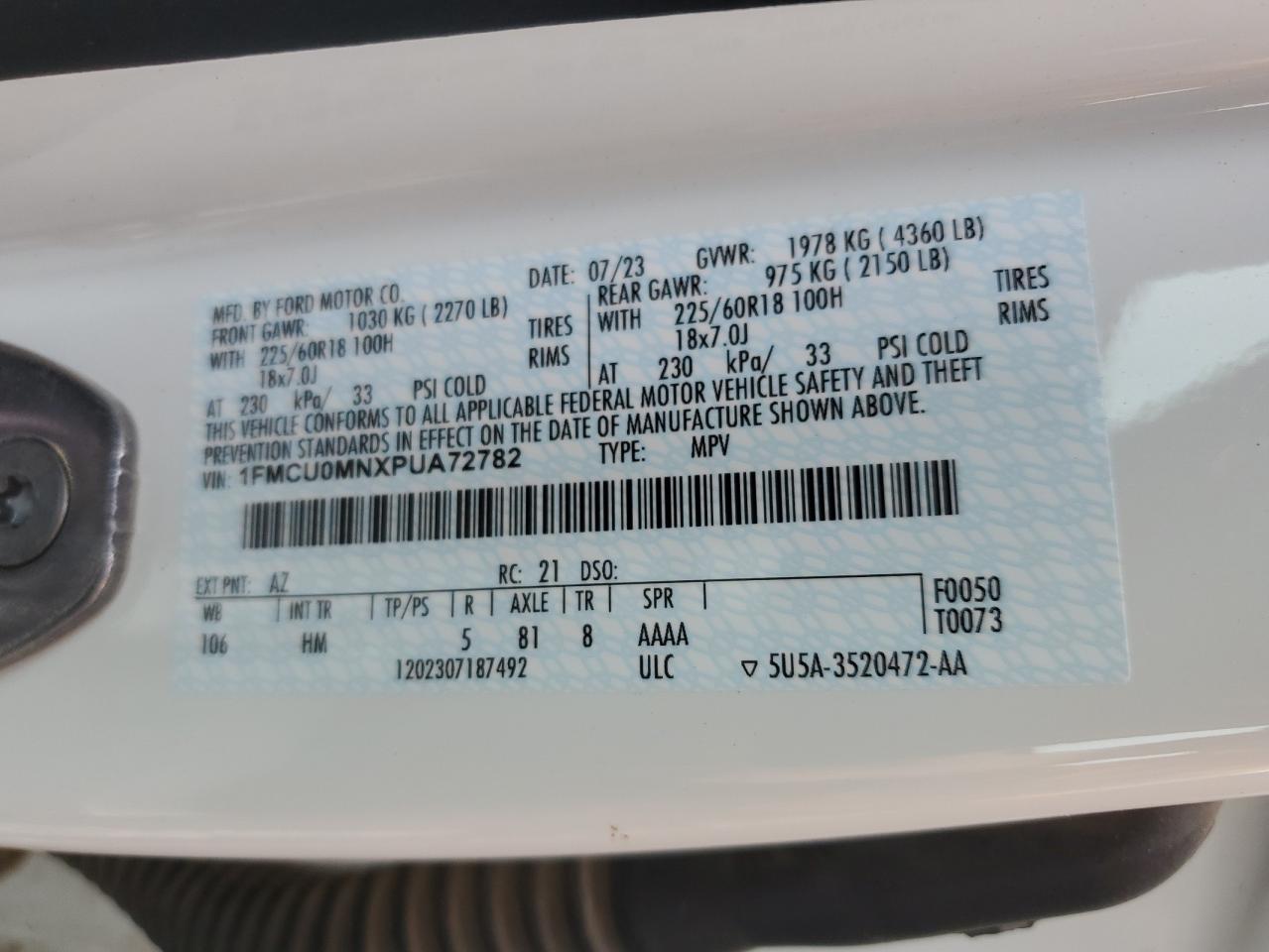 2023 FORD ESCAPE ST LINE VIN:1FMCU0MNXPUA72782