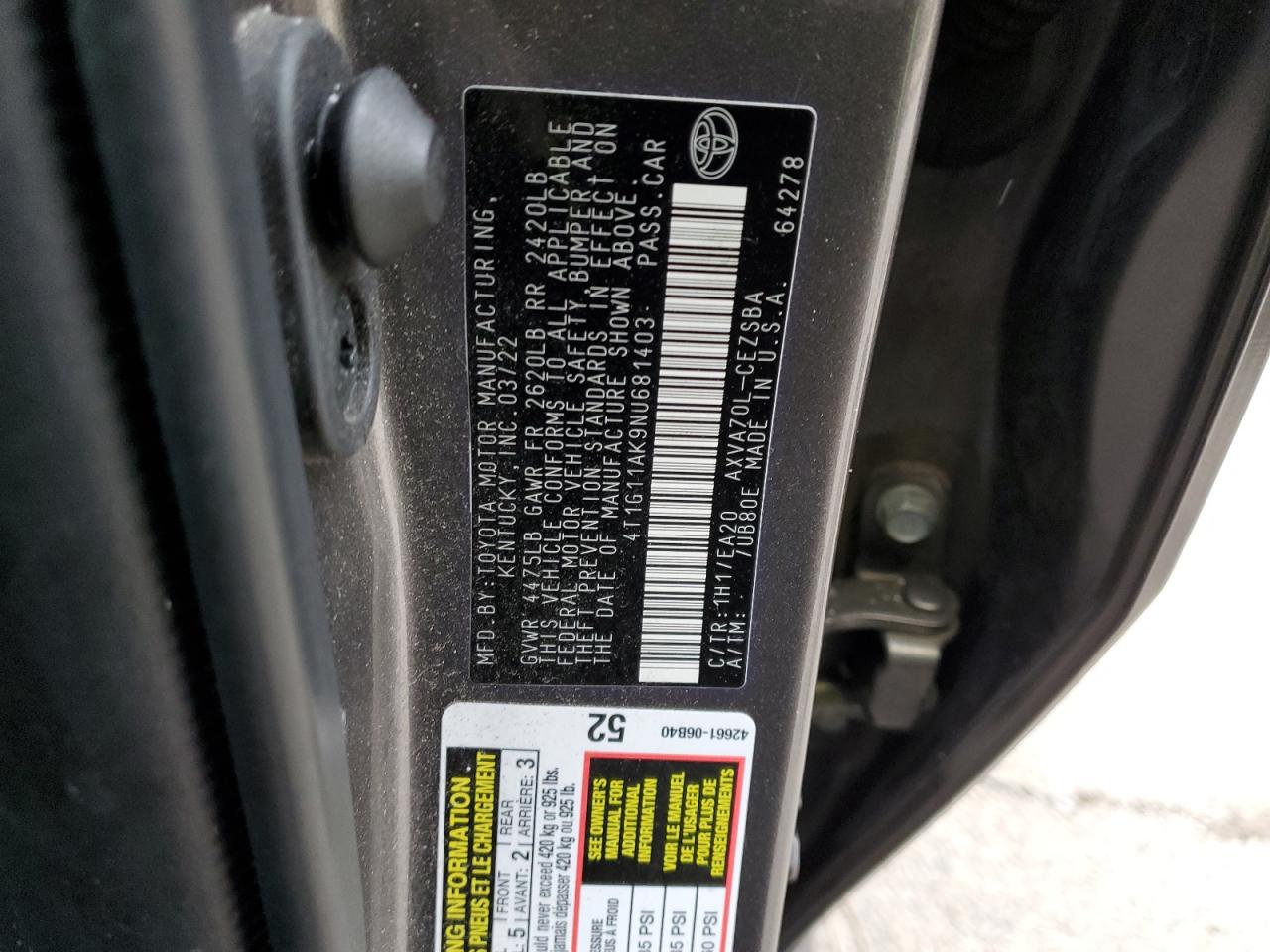 2022 TOYOTA CAMRY SE VIN:4T1G11AK9NU681403