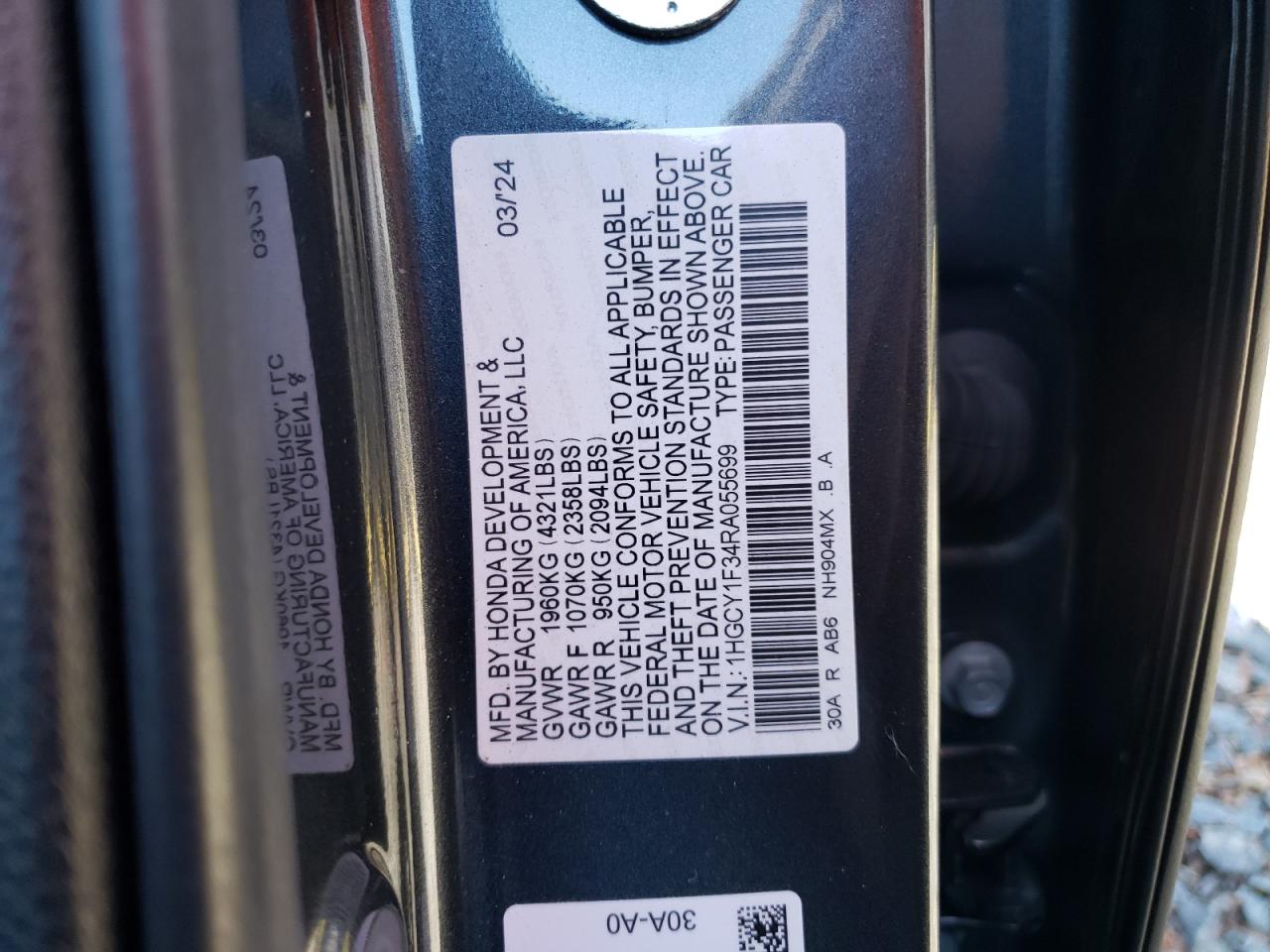 2024 HONDA ACCORD EX VIN:1HGCY1F34RA055699