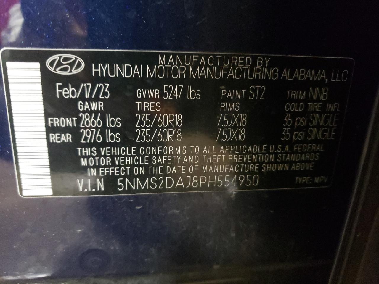 2023 HYUNDAI SANTA FE SEL VIN:5NMS2DAJ8PH554950