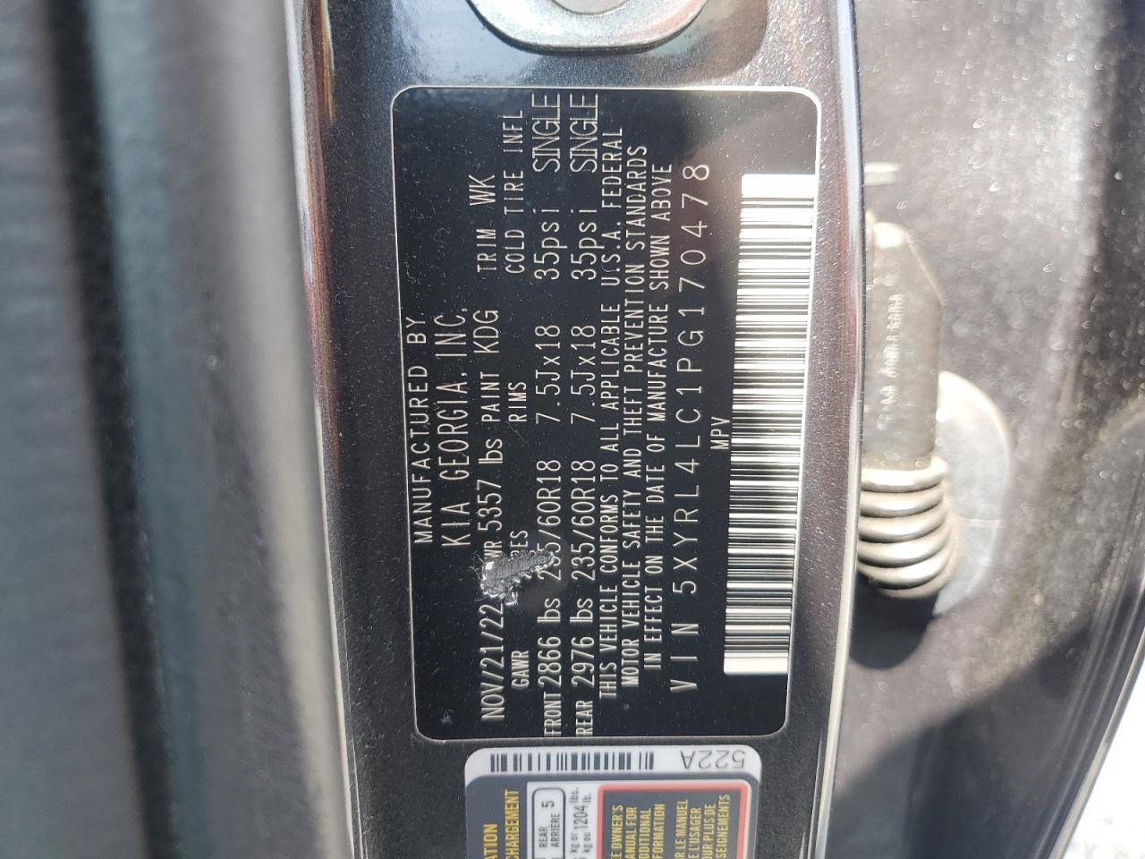 2023 KIA SORENTO S VIN:5XYRL4LC1PG170478