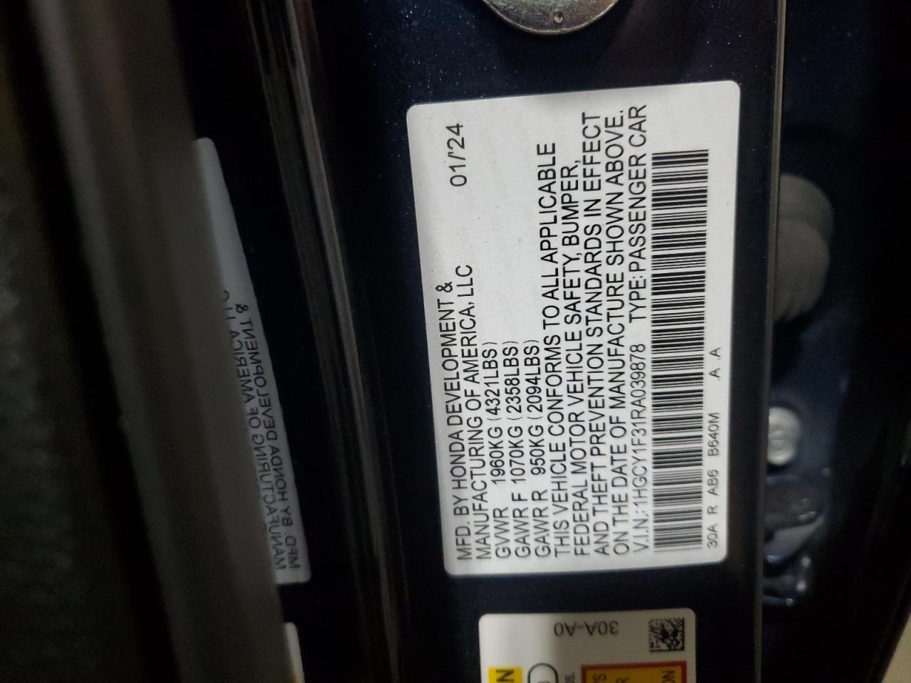 2024 HONDA ACCORD EX VIN:1HGCY1F31RA039878