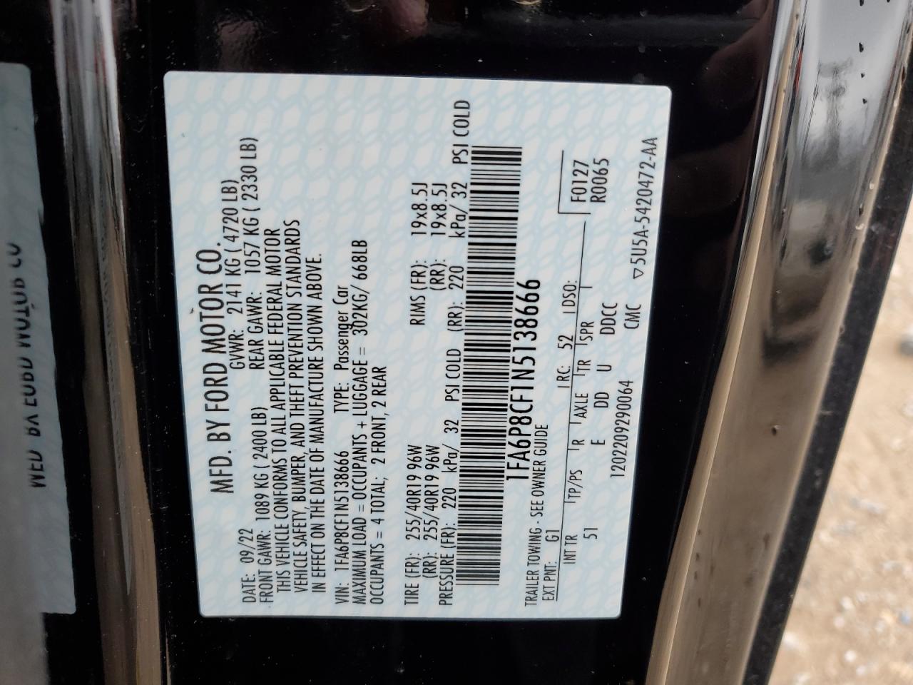 2022 FORD MUSTANG GT VIN:1FA6P8CF1N5138666