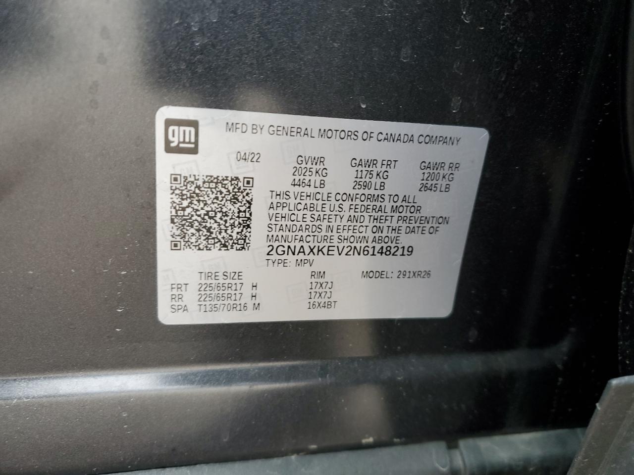 2022 CHEVROLET EQUINOX LT VIN:2GNAXKEV2N6148219