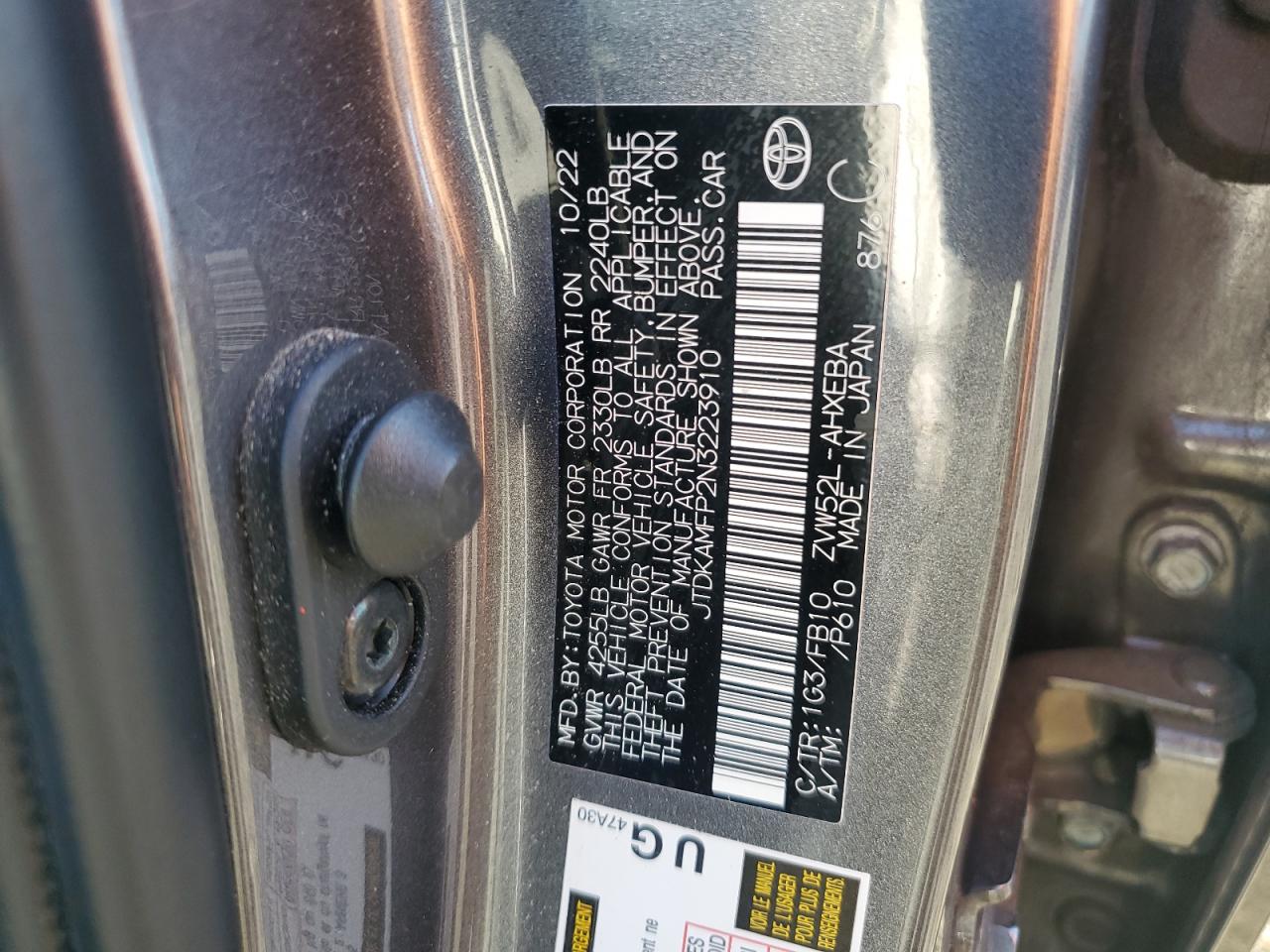 2022 TOYOTA PRIUS PRIME LE VIN:JTDKAMFP2N3223910