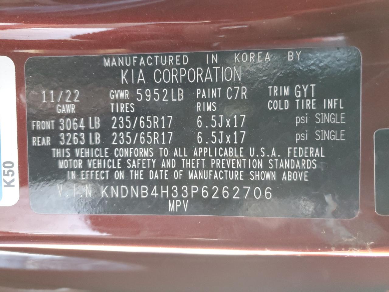 2023 KIA CARNIVAL LX VIN:KNDNB4H33P6262706