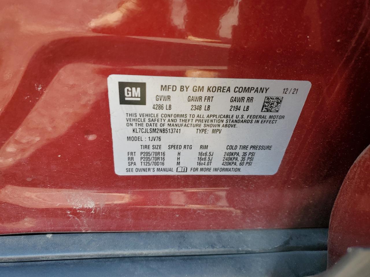 2022 CHEVROLET TRAX 1LT VIN:KL7CJLSM2NB513741