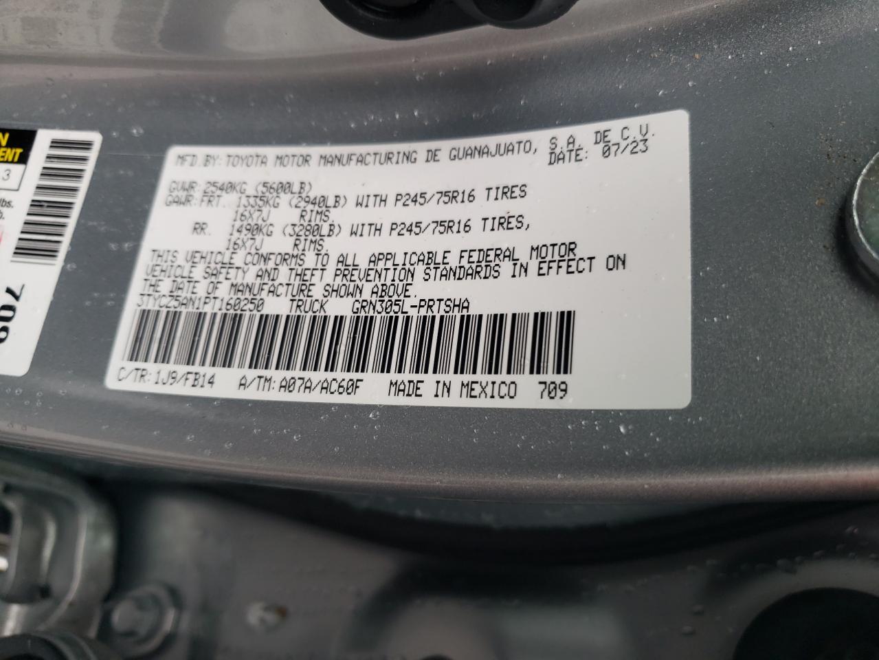 2023 TOYOTA TACOMA DOUBLE CAB VIN:3TYCZ5AN1PT160250