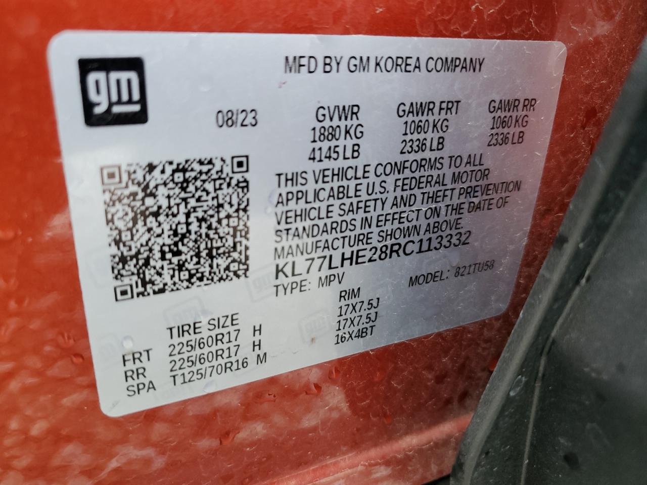 2024 CHEVROLET TRAX 1LT VIN:KL77LHE28RC113332