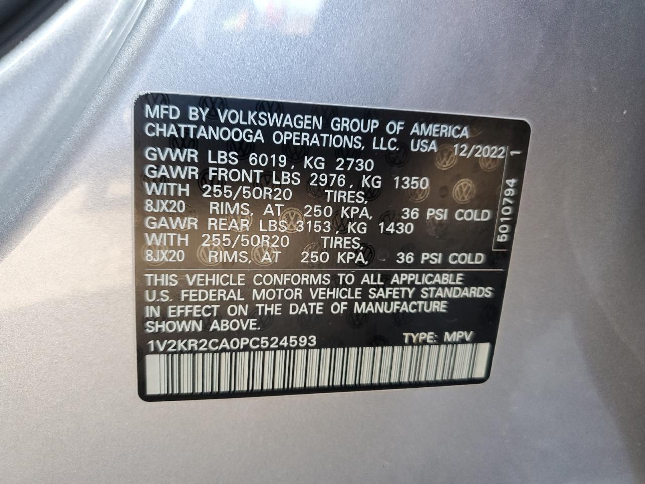 2023 VOLKSWAGEN ATLAS SE VIN:1V2KR2CA0PC524593