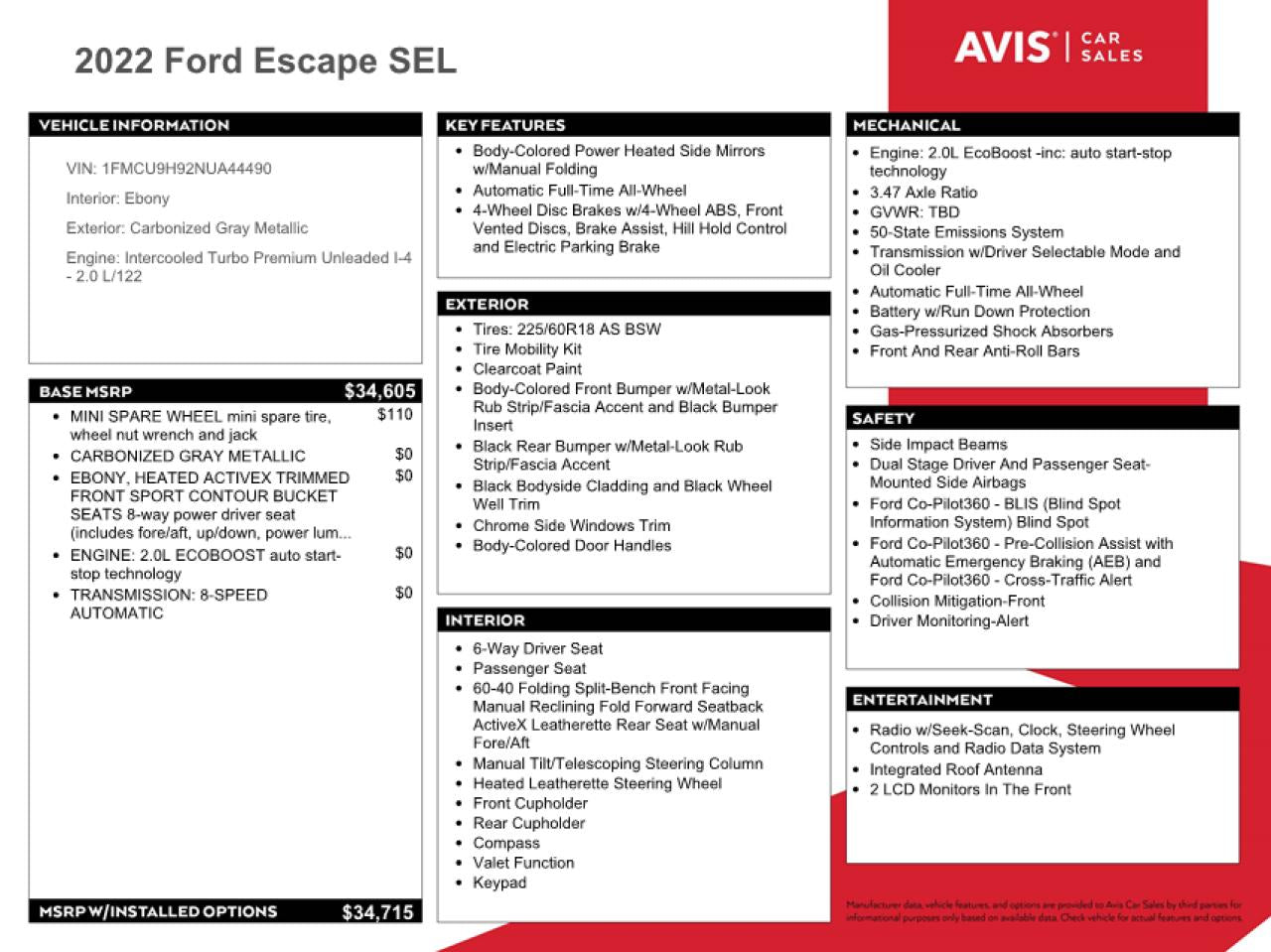 2022 FORD ESCAPE SEL VIN:1FMCU9H92NUA44490