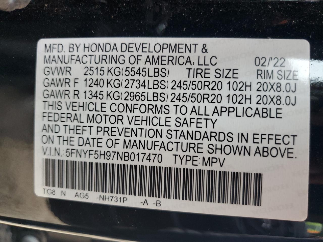 2022 HONDA PILOT TOURING VIN:5FNYF5H97NB017470
