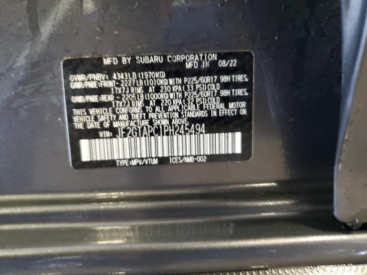 2023 SUBARU CROSSTREK PREMIUM VIN:JF2GTAPC1PH245494