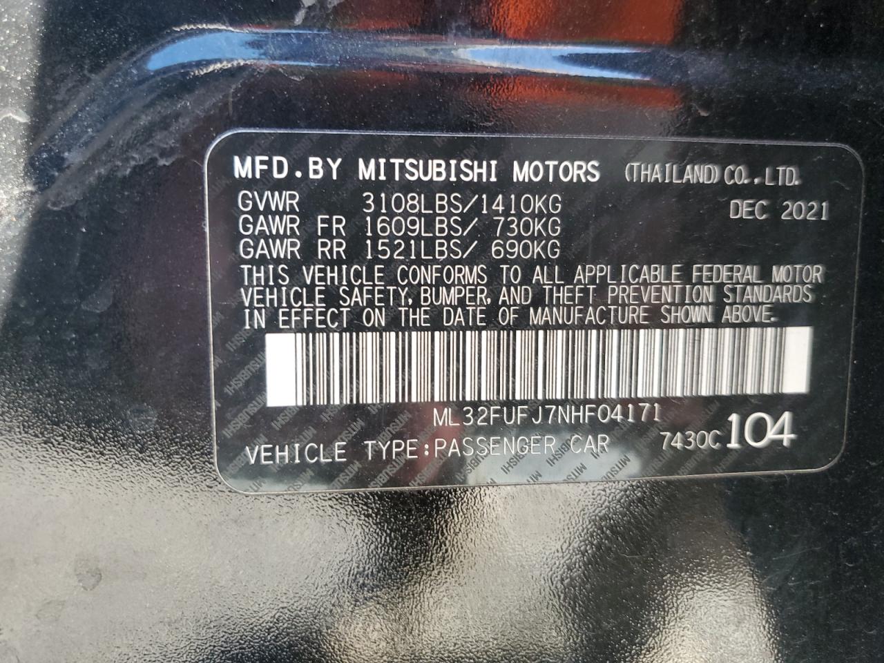 2022 MITSUBISHI MIRAGE G4 ES VIN:ML32FUFJ7NHF04171