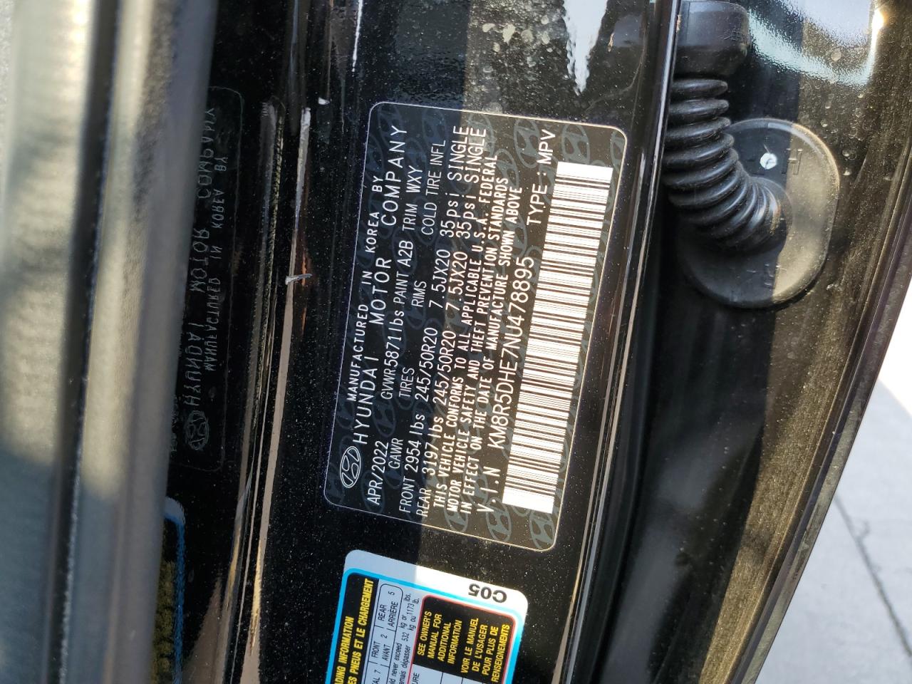 2022 HYUNDAI PALISADE LIMITED VIN:KM8R5DHE7NU478895