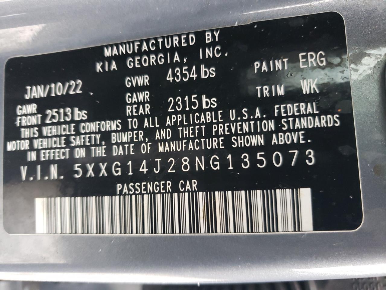 2022 KIA K5 LXS VIN:5XXG14J28NG135073
