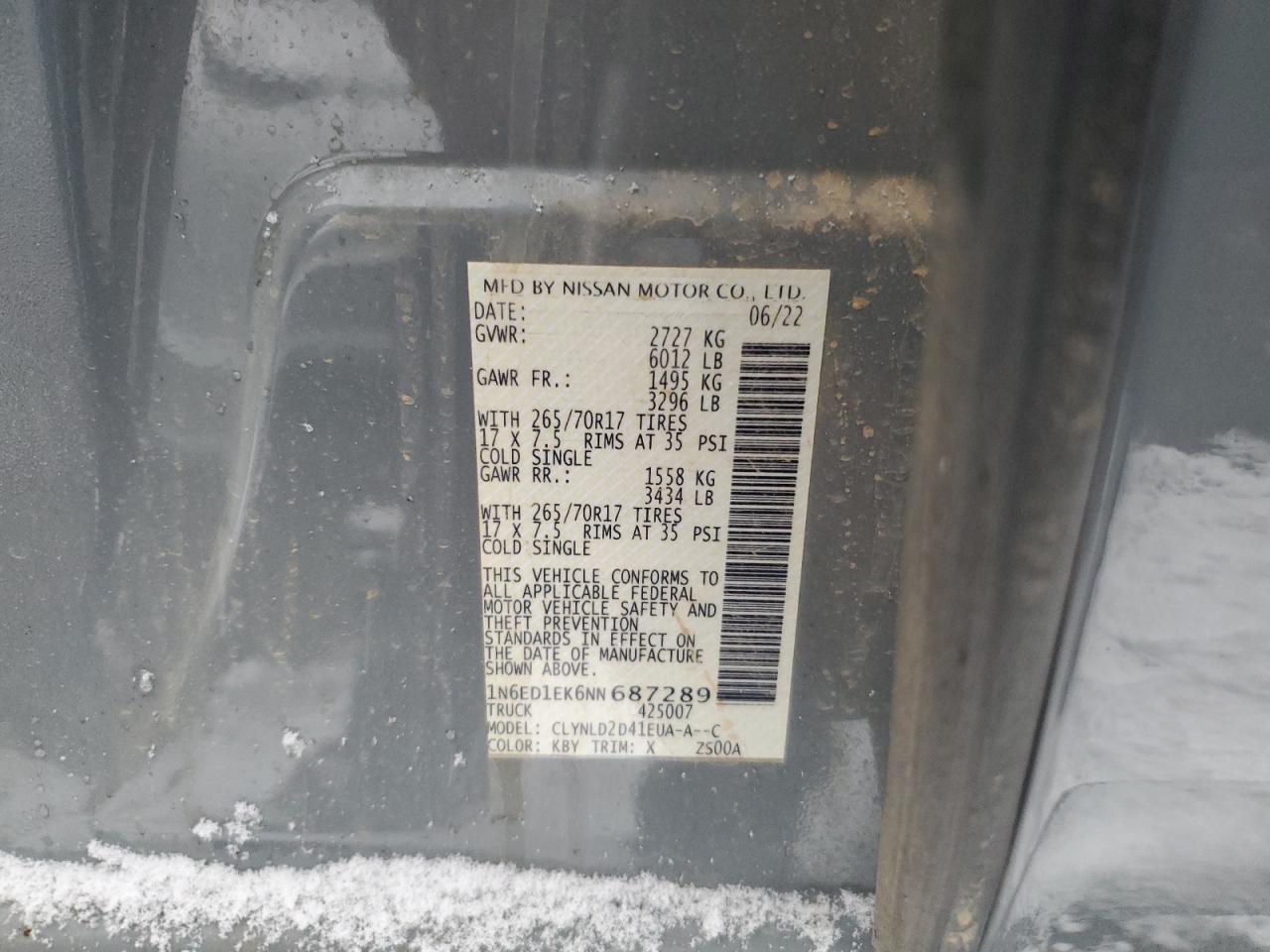 2022 NISSAN FRONTIER S VIN:1N6ED1EK6NN687289