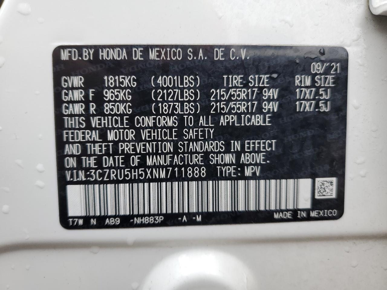 2022 HONDA HR-V EX VIN:3CZRU5H5XNM711888
