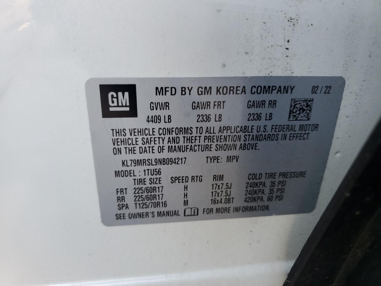 2022 CHEVROLET TRAILBLAZER LT VIN:KL79MRSL9NB094217