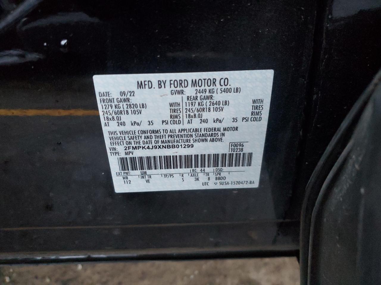 2022 FORD EDGE SEL VIN:2FMPK4J9XNBB01299