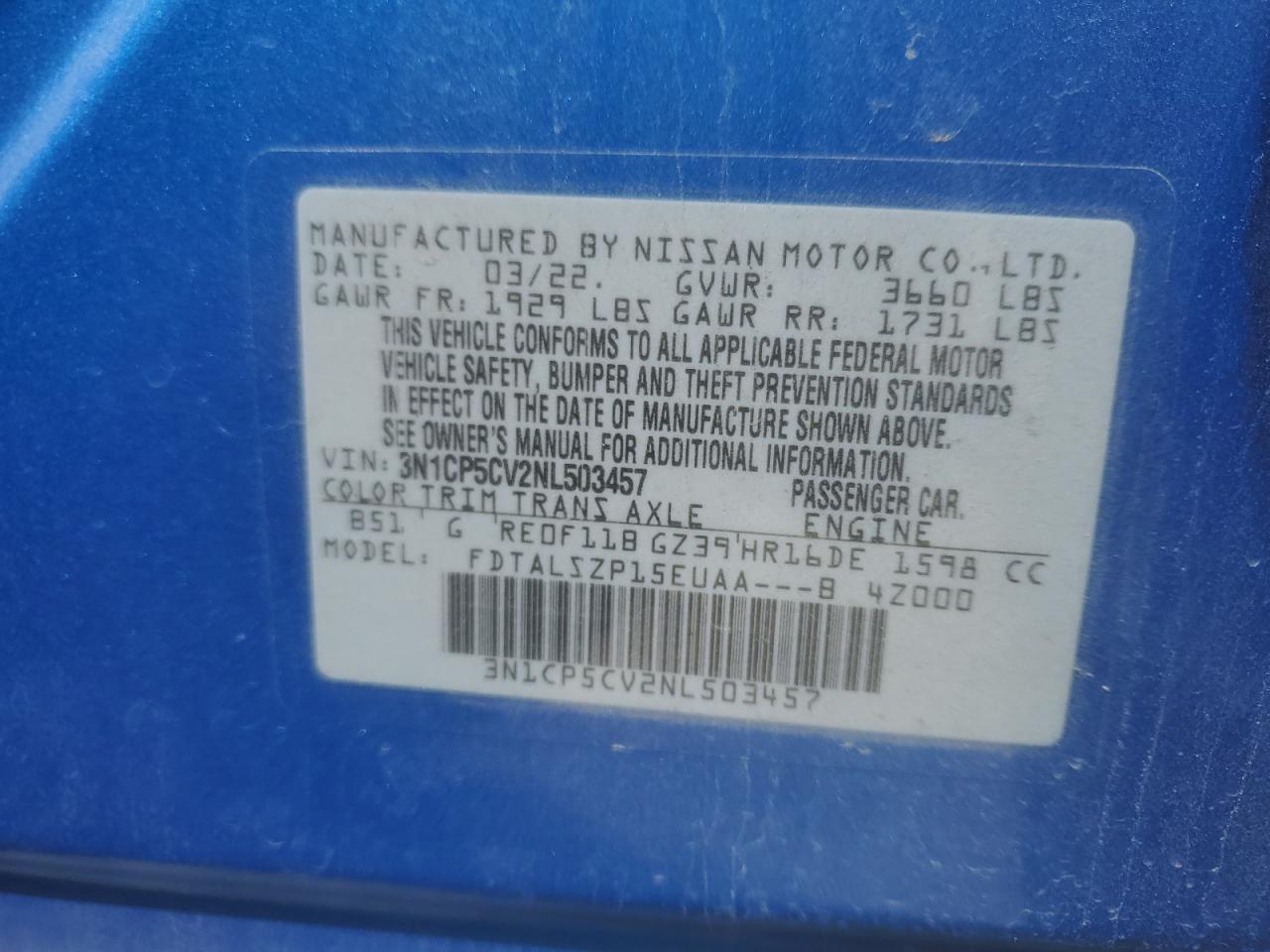 2022 NISSAN KICKS SV VIN:3N1CP5CV2NL503457