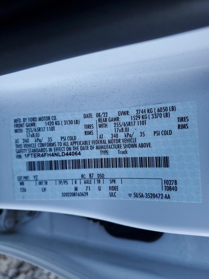 2022 FORD RANGER XL VIN:1FTER4FH4NLD44064