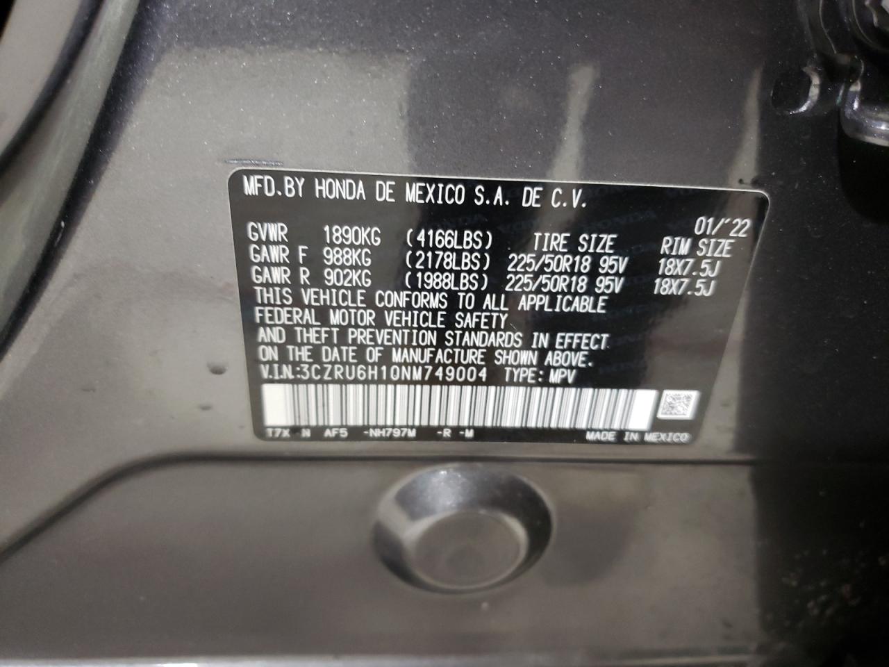 2022 HONDA HR-V SPORT VIN:3CZRU6H10NM749004