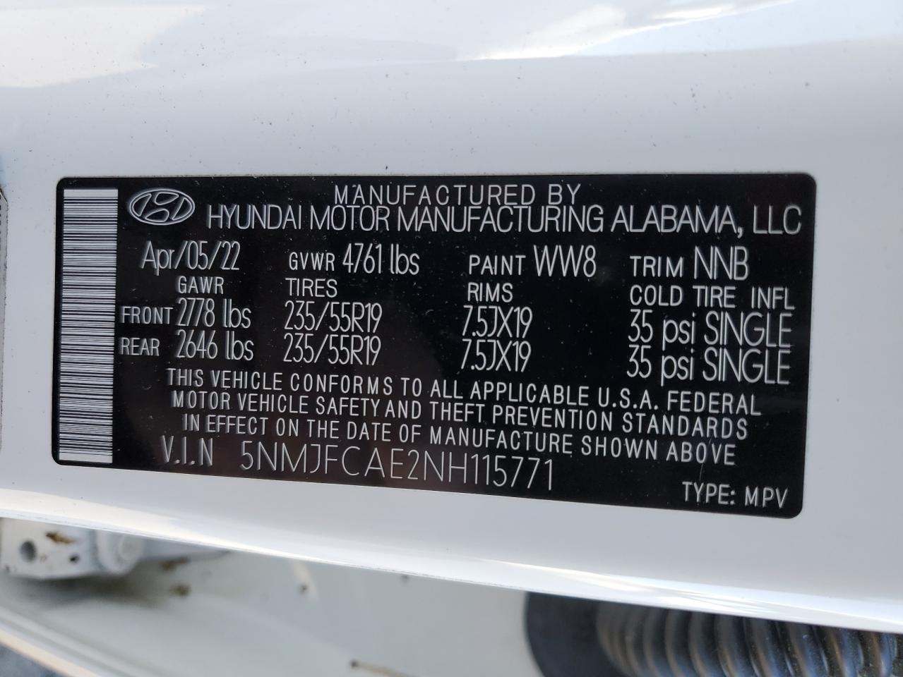 2022 HYUNDAI TUCSON SEL VIN:1VWMA7A37KC013245