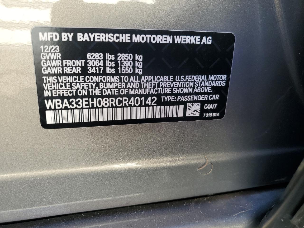 2024 BMW 740 XI VIN:WBA33EH08RCR40142