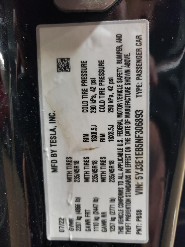2022 TESLA MODEL 3  VIN:5YJ3E1EB5NF306893