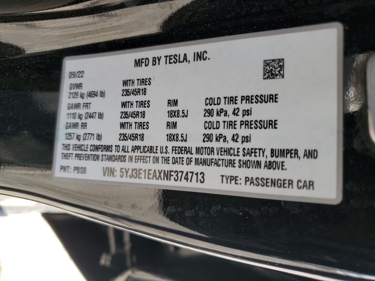 2022 TESLA MODEL 3  VIN:5YJ3E1EAXNF374713