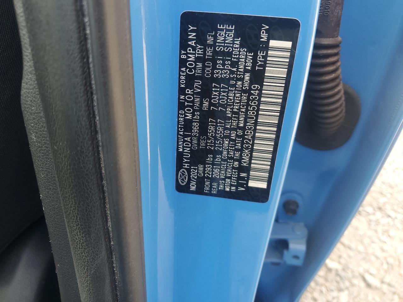 2022 HYUNDAI KONA SEL VIN:KM8K32AB3NU856349