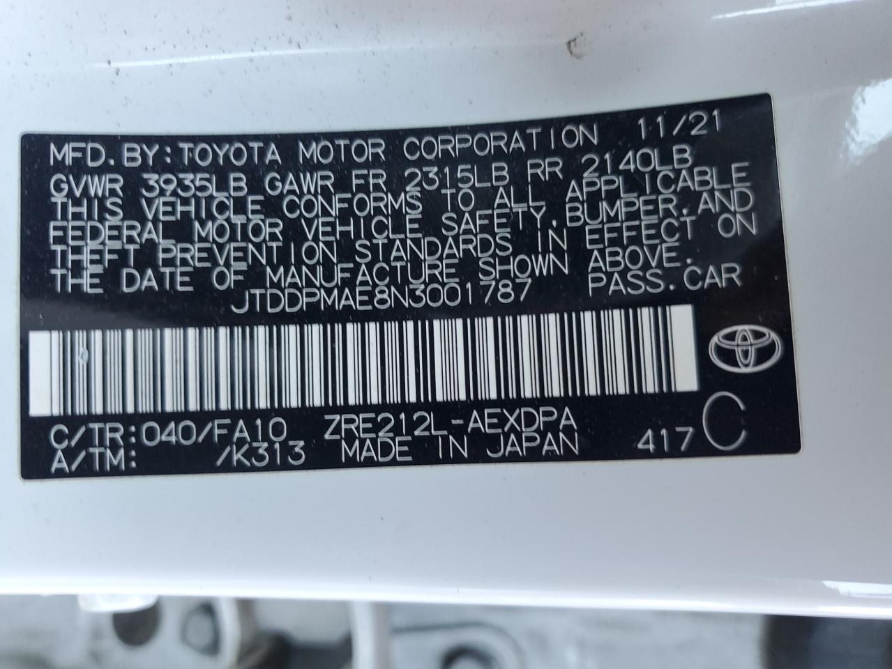 2022 TOYOTA COROLLA L VIN:JTDDPMAE8N3001787
