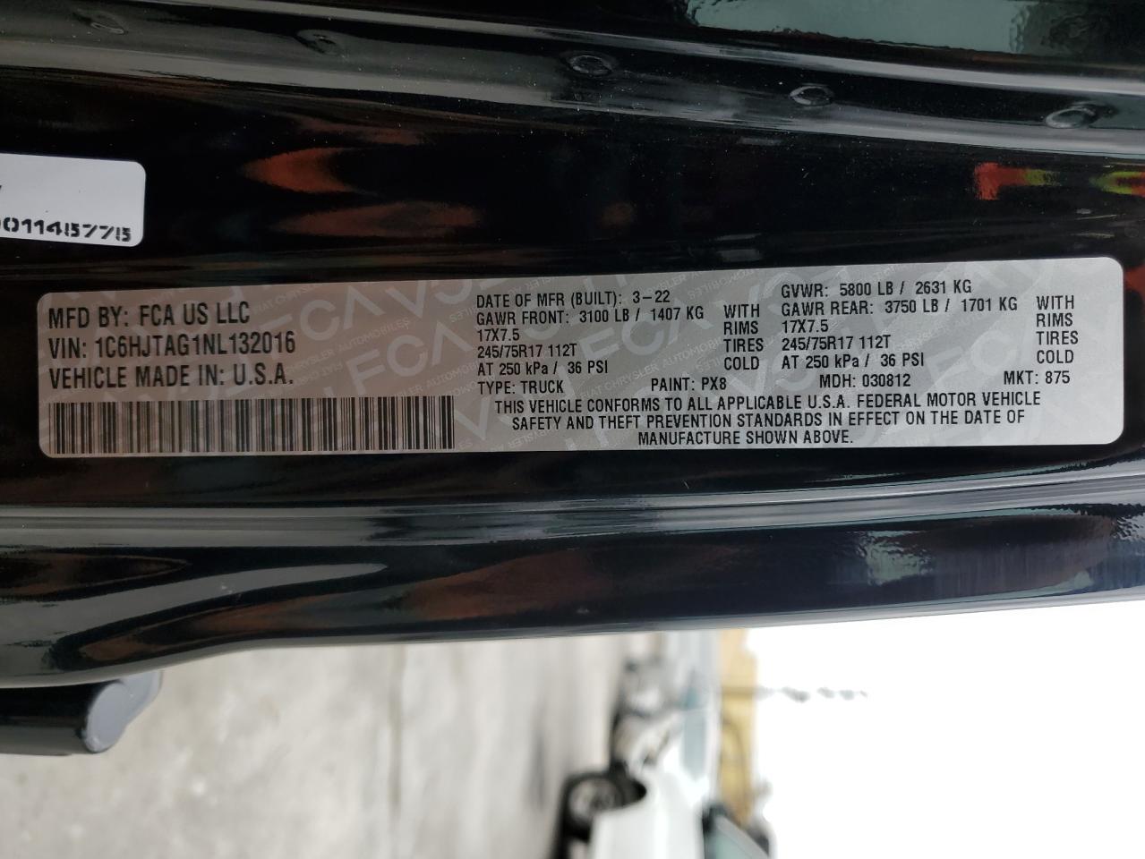2022 JEEP GLADIATOR SPORT VIN:1C6HJTAG1NL132016