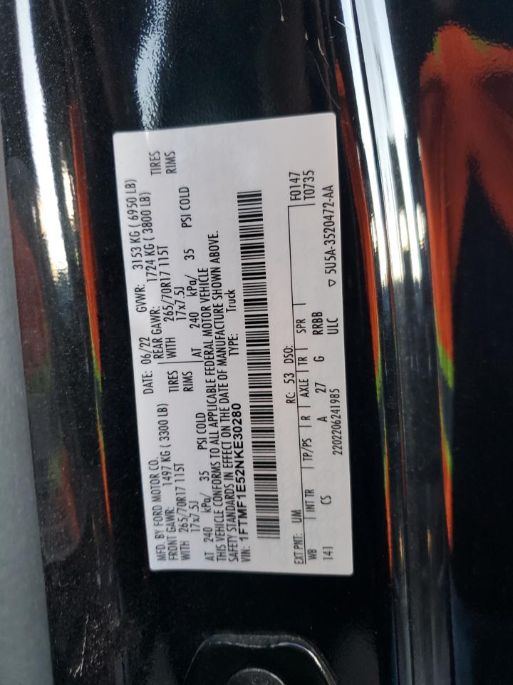 2022 FORD F150  VIN:1FTMF1E52NKE30280