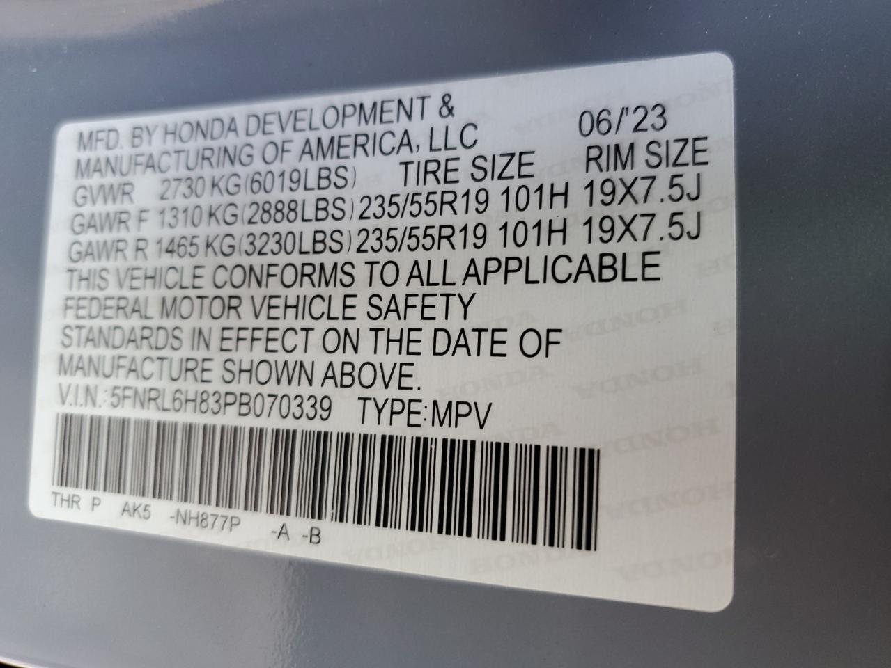 2023 HONDA ODYSSEY TOURING VIN:5FNRL6H83PB070339