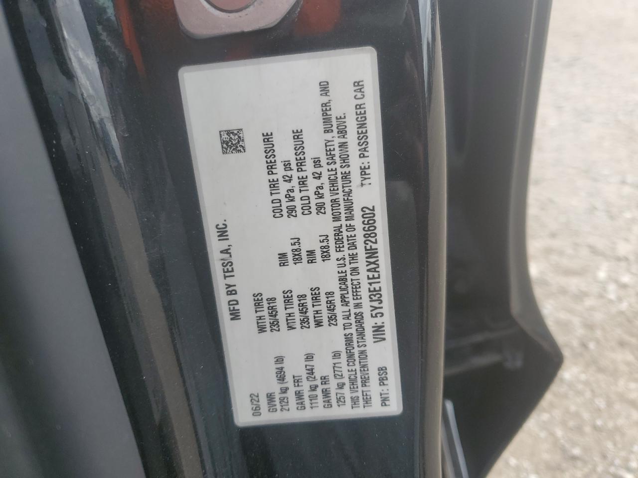 2022 TESLA MODEL 3  VIN:5YJ3E1EAXNF286602