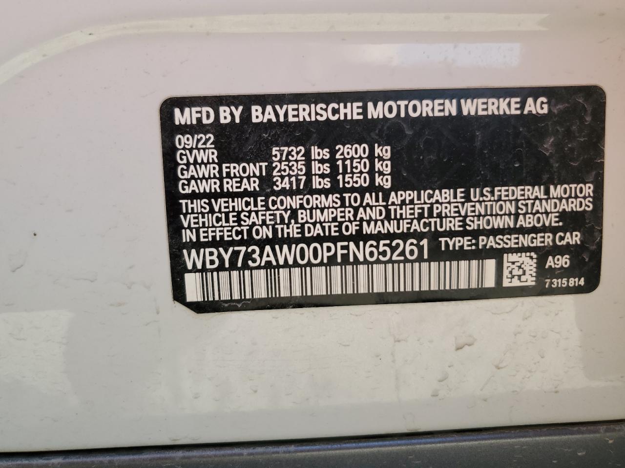 2023 BMW I4 EDRIVE 40 VIN:WBY73AW00PFN65261