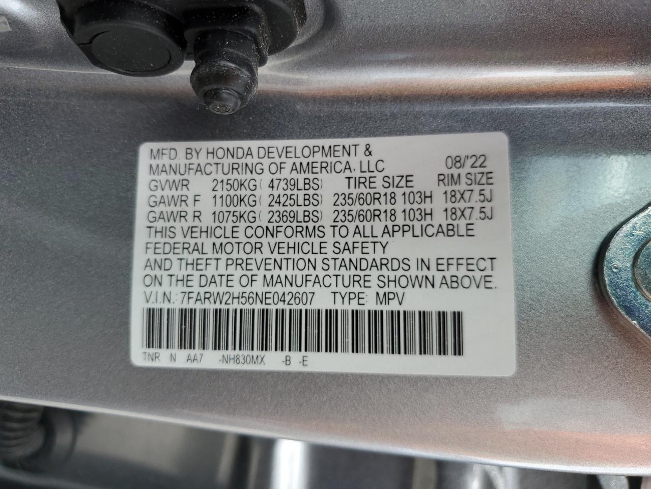 2022 HONDA CR-V EX VIN:7FARW2H56NE042607