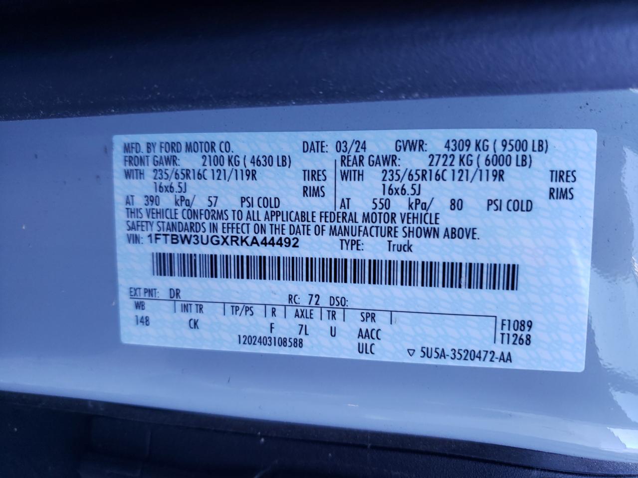 2024 FORD TRANSIT T-350 VIN:1FTBW3UGXRKA44492