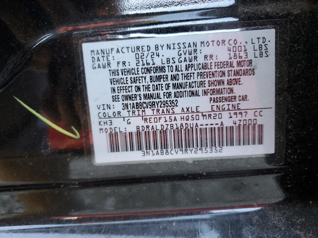 2024 NISSAN SENTRA SV VIN:3N1AB8CV9RY295352