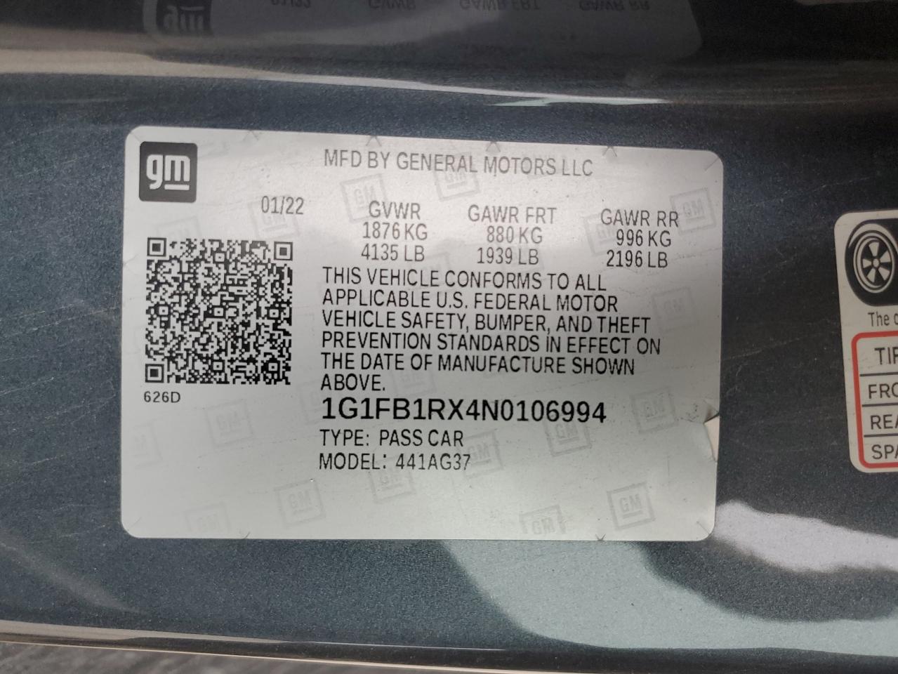 2022 CHEVROLET CAMARO LS VIN:1G1FB1RX4N0106994