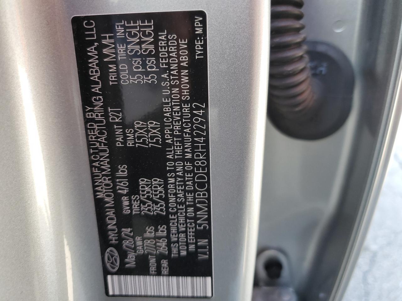 2024 HYUNDAI TUCSON SEL VIN:5NMJBCDE8RH422942