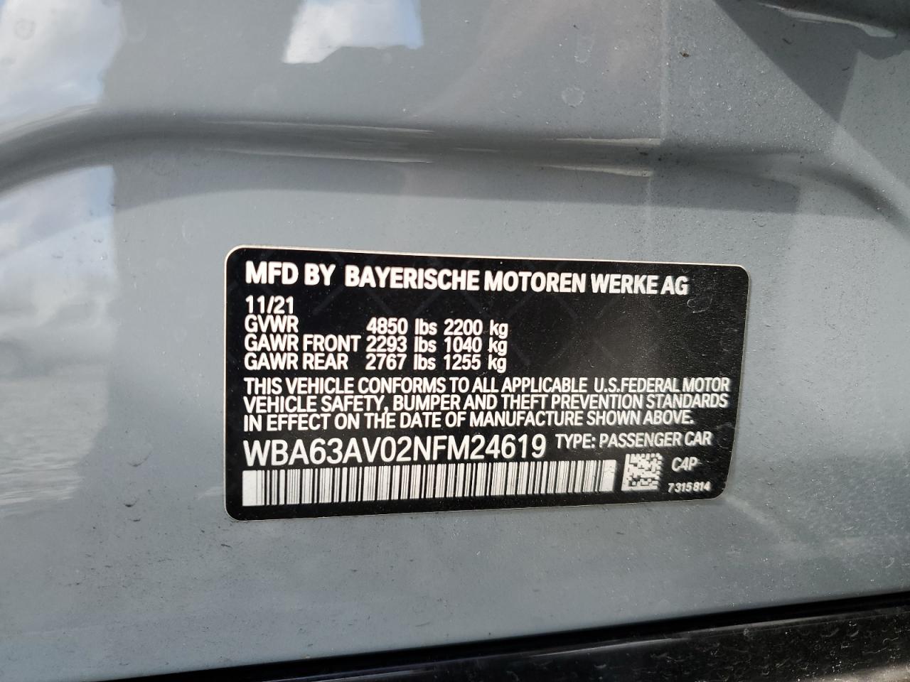 2022 BMW 430I GRAN COUPE VIN:WBA63AV02NFM24619